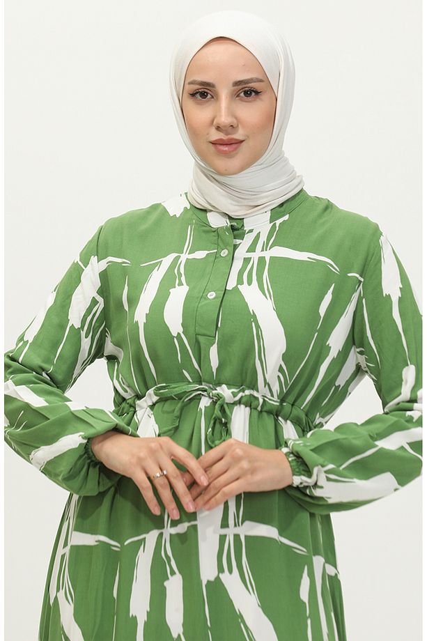 Viskon Fırça Desen Büzgülü Elbise 81869-03 Yeşil - 5