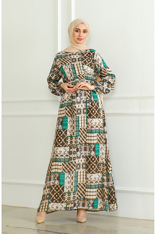 Patterned belted viscose dress 0502-04 green brown