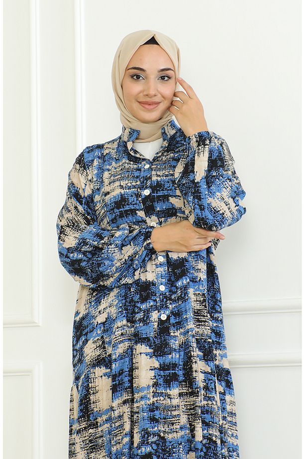 Desenli Viskon Elbise 0466-03 İndigo - 5