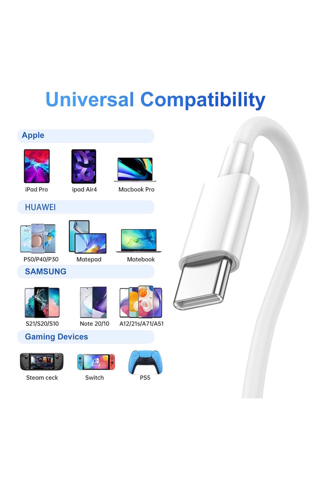 2Adet 60W Destekli Iphone Samsung Uyumlu Type C To Type C Hızlı Şarj Kablosu Beyaz 1 Metre PD - 3
