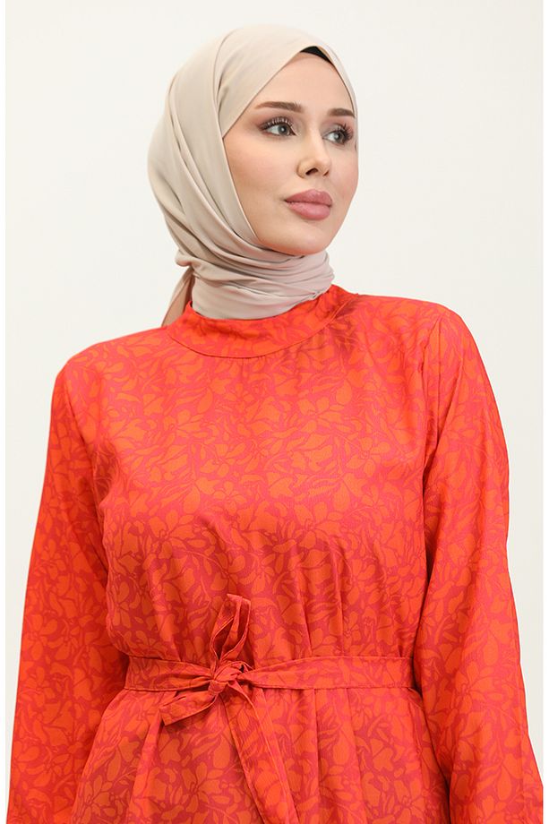 Adile Çiçek Desenli Krep Elbise 0347-06 Mercan - 3