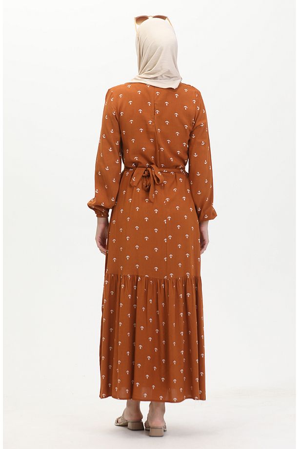 Çapa Desen Kuşaklı Elbise 0461-01 Taba - 6