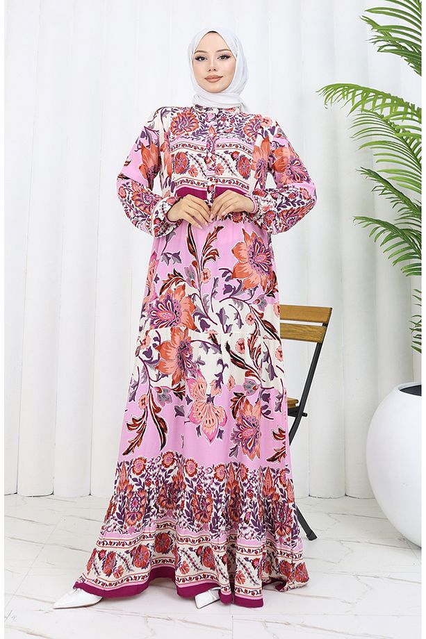 Alaçatı Desenli Viskon Elbise 0334-02 Bej Gül Kurusu - 2