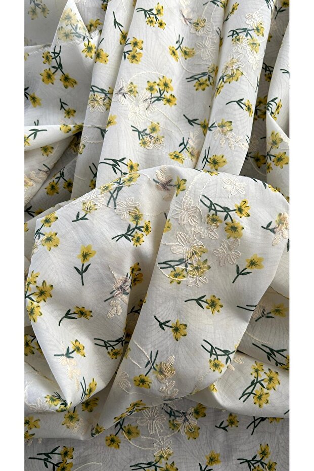 Elbiselik Vual Kumaş / Brode Nakış İşlemeli Çiçek Baskılı / DRY 3003 - 1