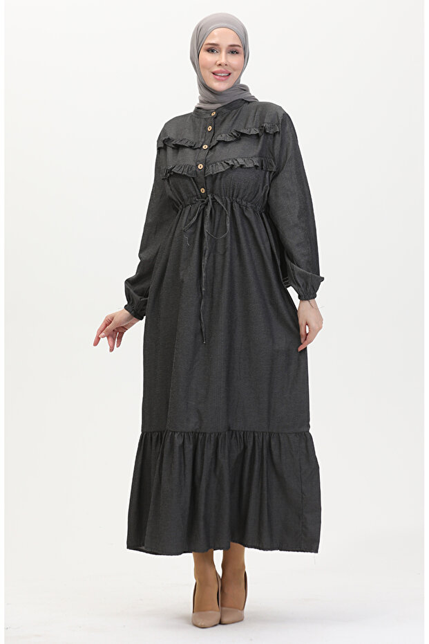 Önü Fırfırlı Kot Elbise 0486-01 Füme - 1