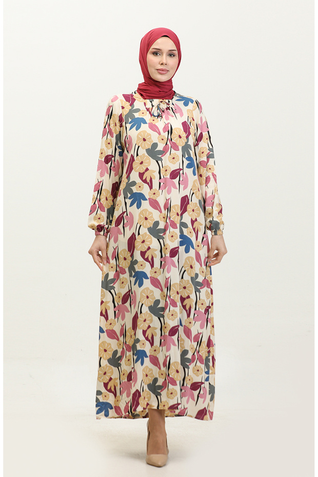 Dried Rose Patterned Viscose Plus Size Dress - 44851H-01
