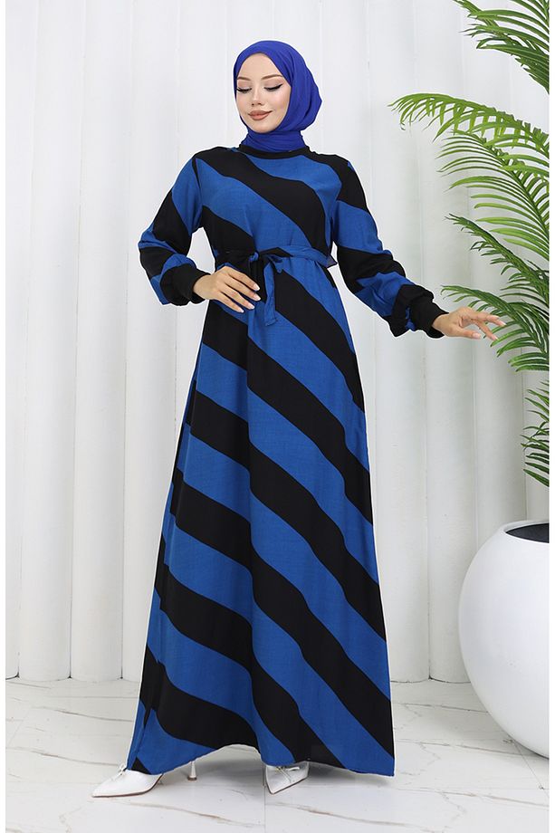 Geometrik Desenli Kuşaklı Viskon Elbise 0460-05 Siyah Mavi - 2