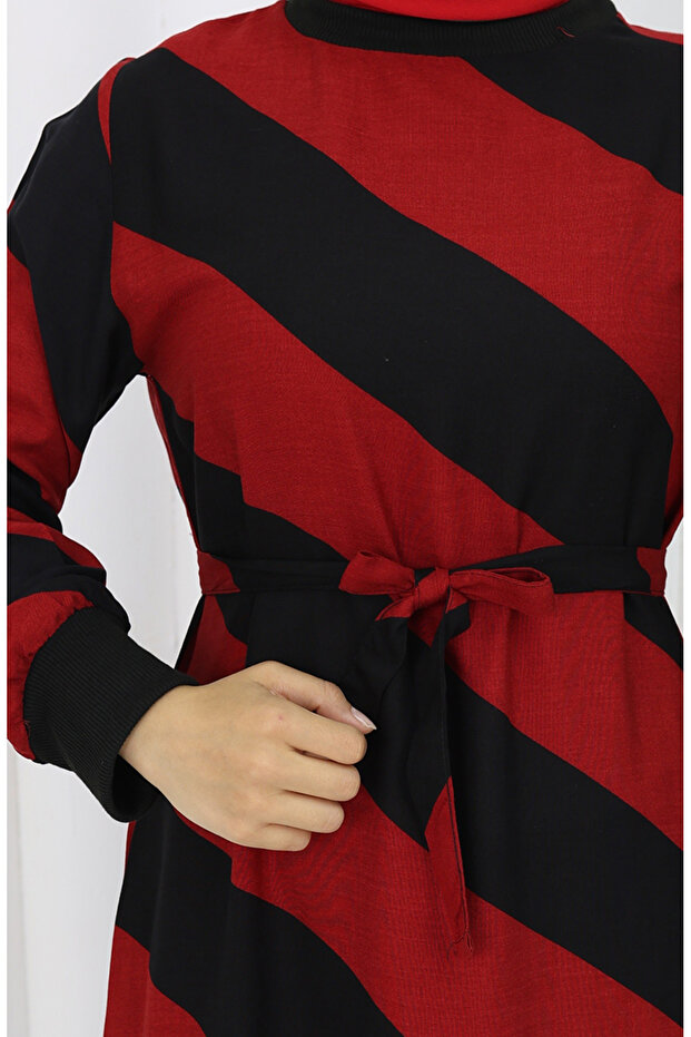 γεωμετρικό φόρεμα με ζώνη βισκόζης - μπορντό μαύρο 0460-08 - 5