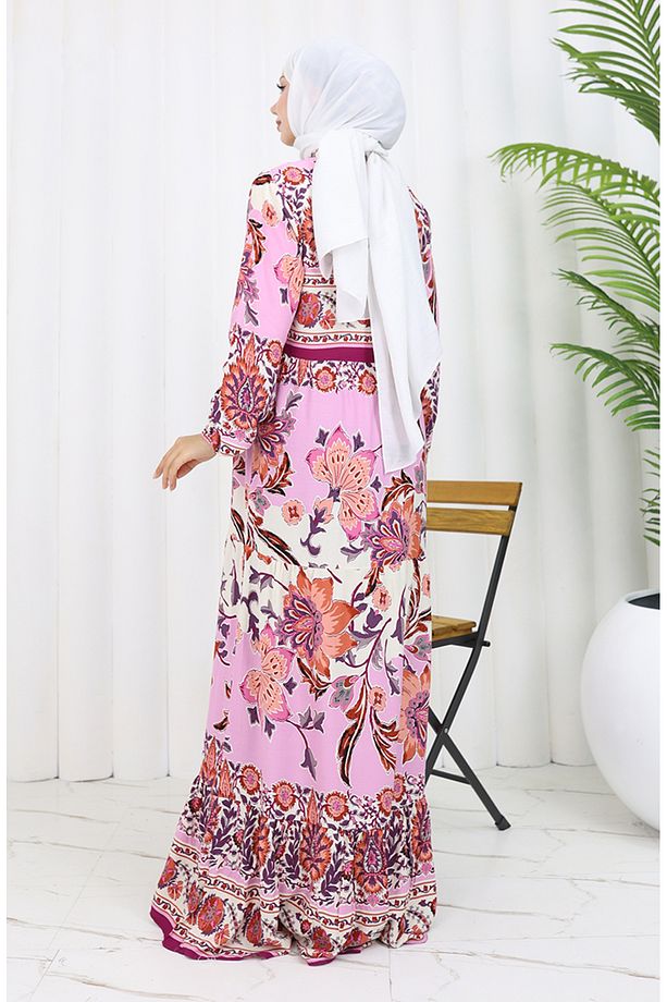 Alaçatı Desenli Viskon Elbise 0334-02 Bej Gül Kurusu - 6