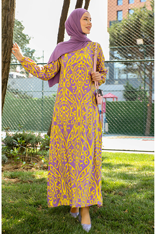 Yellow Viscose Dress - Patterned and Belted, Model 0439-02