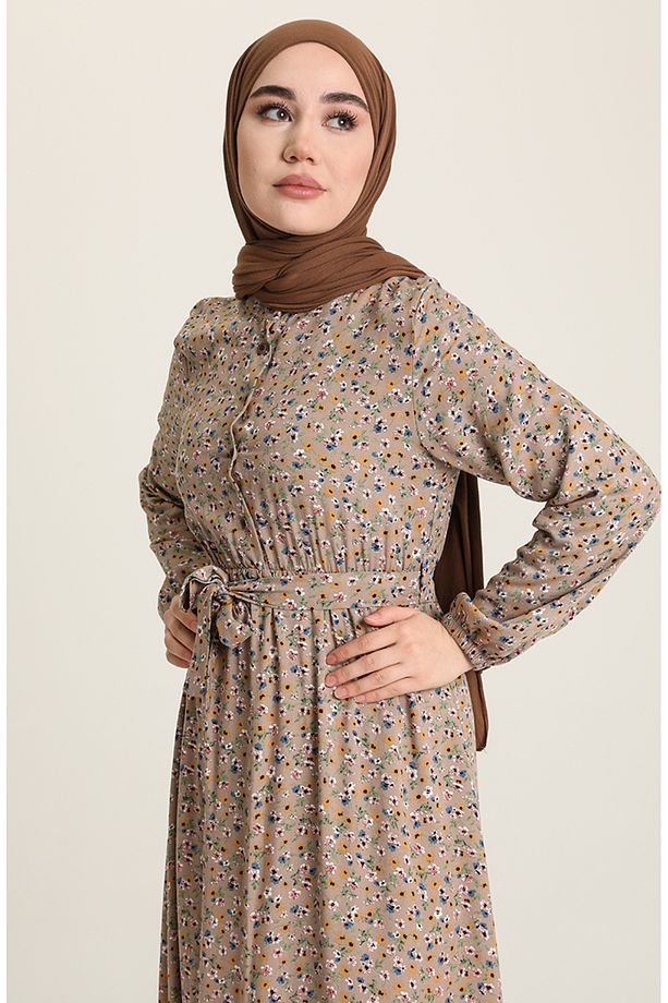 Çiçek Desenli Elbise 4066-02 Vizon - 4