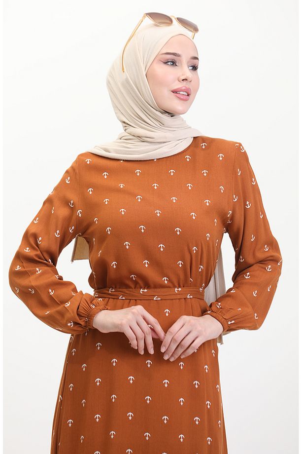 Çapa Desen Kuşaklı Elbise 0461-01 Taba - 4