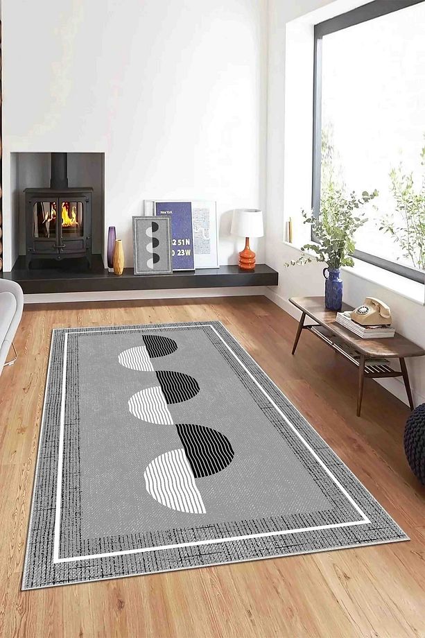 Salon Halısı Geometrik İskandinav Eskitmeli Dijital Baskı Yıkanabilir Kaymaz Taban 8163SALONHULYA - 1