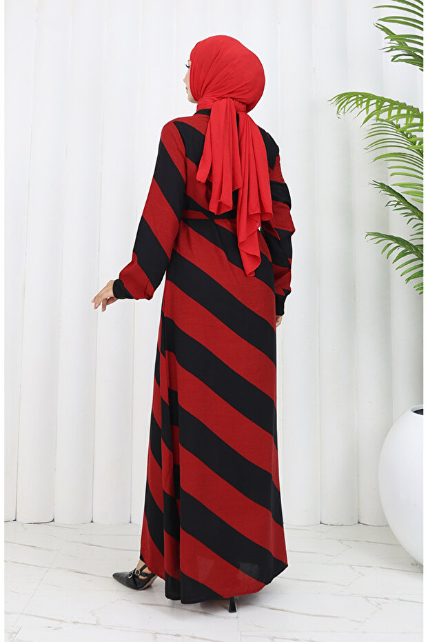 γεωμετρικό φόρεμα με ζώνη βισκόζης - μπορντό μαύρο 0460-08 - 6