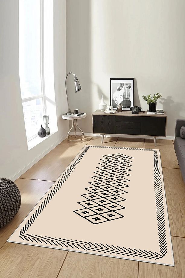 Salon Halısı Geometrik İskandinav Eskitmeli Dijital Baskı Yıkanabilir Kaymaz Taban 8177SALONHULYA - 2