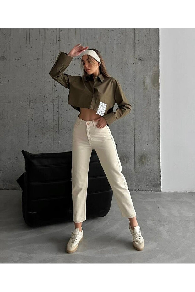 Freya Women's Cream Lycra Mom Jeans Denim Boyfrend Trousers