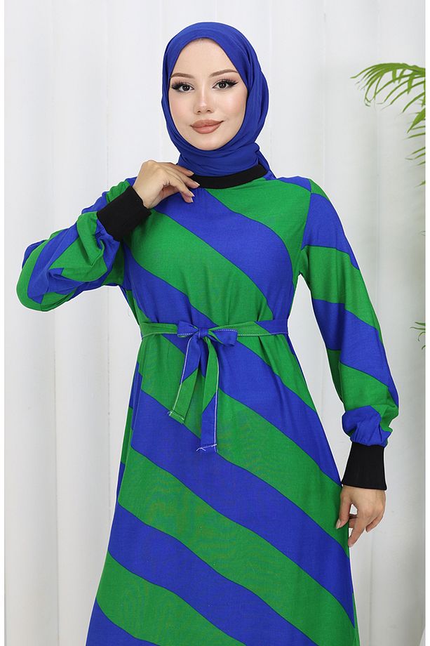Geometrik Desenli Kuşaklı Viskon Elbise 0460-02 Saks Yeşil - 3