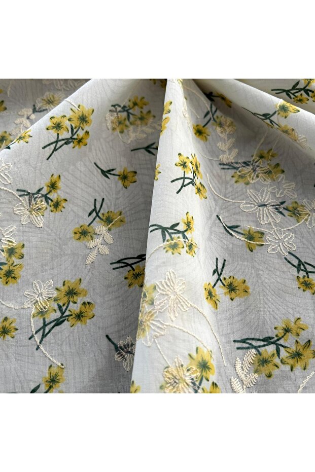 Elbiselik Vual Kumaş / Brode Nakış İşlemeli Çiçek Baskılı / DRY 3003 - 3