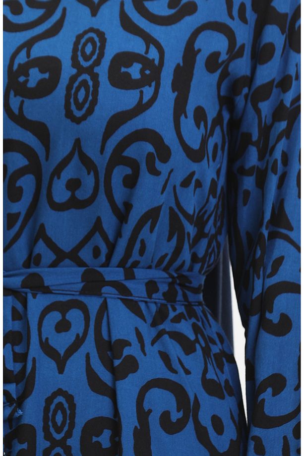 Desenli Kuşaklı Viskon Elbise 0469-07 Saks - 4