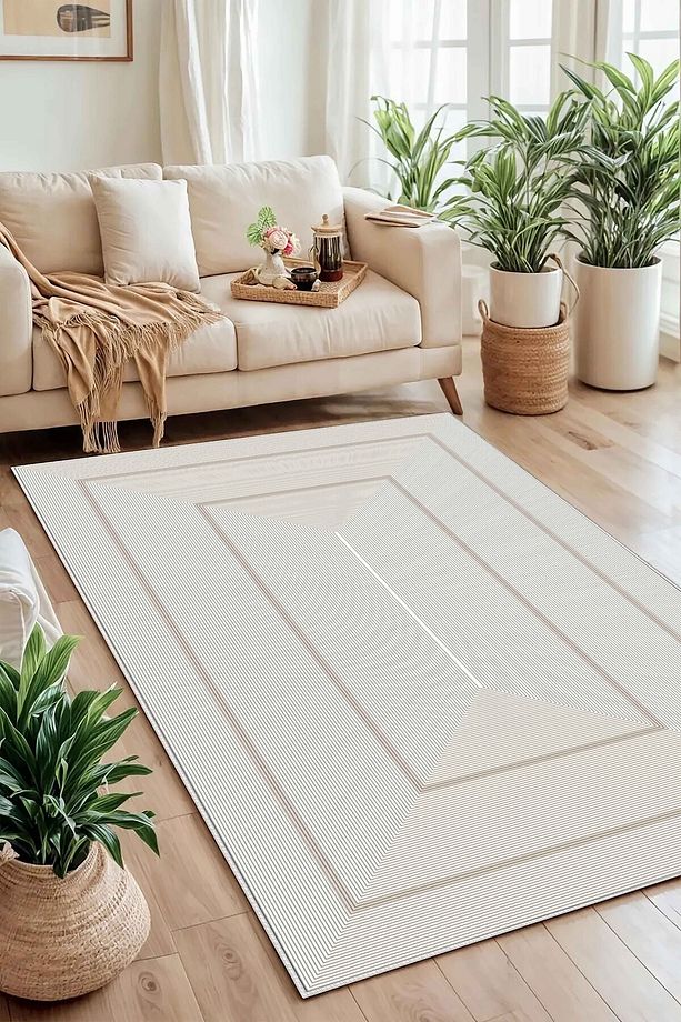Salon Halısı Geometrik İskandinav Eskitmeli Dijital Baskı Yıkanabilir Kaymaz Taban 8155SALON - 1