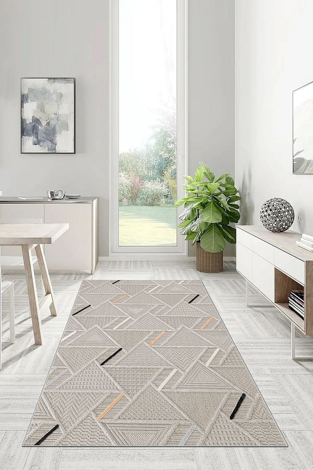 Salon Halısı Geometrik İskandinav Eskitmeli Dijital Baskı Yıkanabilir Kaymaz Taban 8149SALONHULYA - 2
