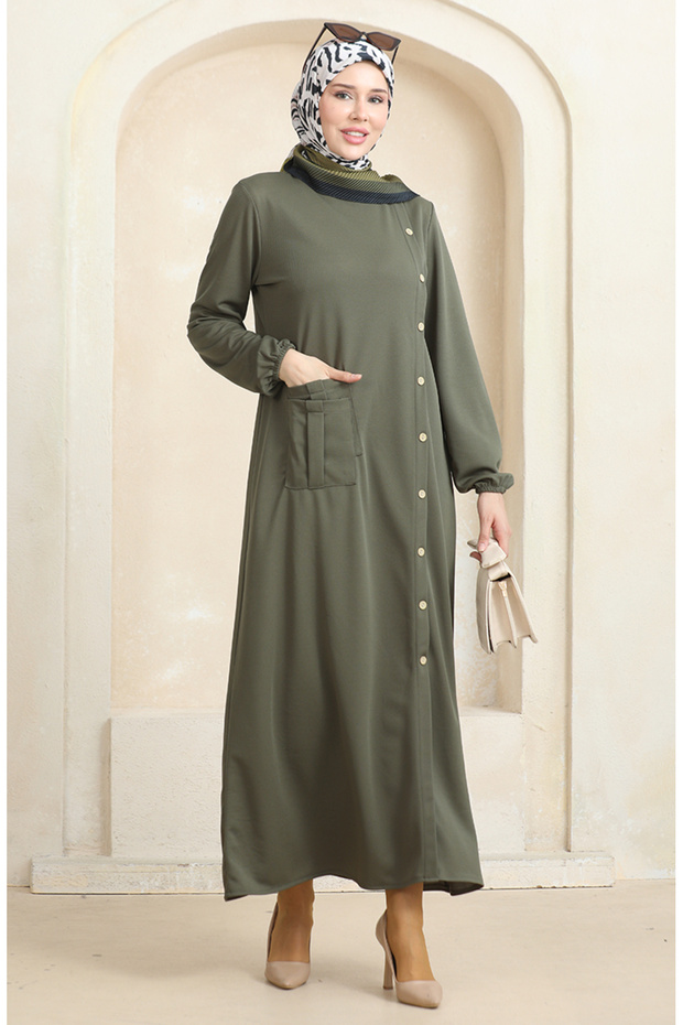 Khaki Dress - Buttoned and Pocketed,Model3029-07