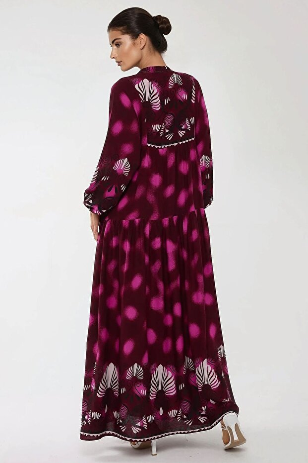 Baskılı Uzun Kol Viskon Maxi Elbise - 5