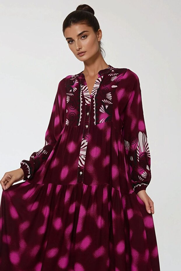 Baskılı Uzun Kol Viskon Maxi Elbise - 4