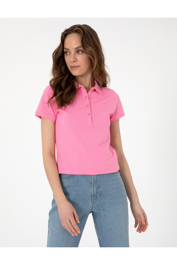 Pink Slim Fit Cotton Polo Collar Basic T-Shirt 50305776-Vr041