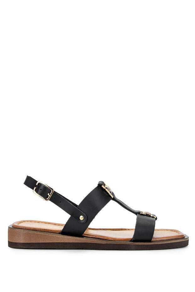 Women's Genuine Leather Black Leather Flat Sandals