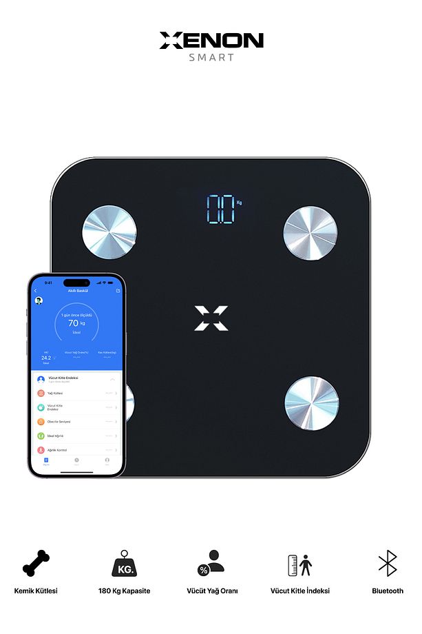 Akıllı Tartı Dijital Baskül BT Apple Health Google Fit, Vücut Kitle, Kas, Su, Yağ, Kemik Siyah X8701 - 5