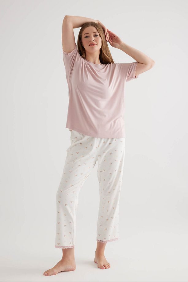 Kadın Plus Size Pamuklu Kısa Kollu Pijama Takımı - 3