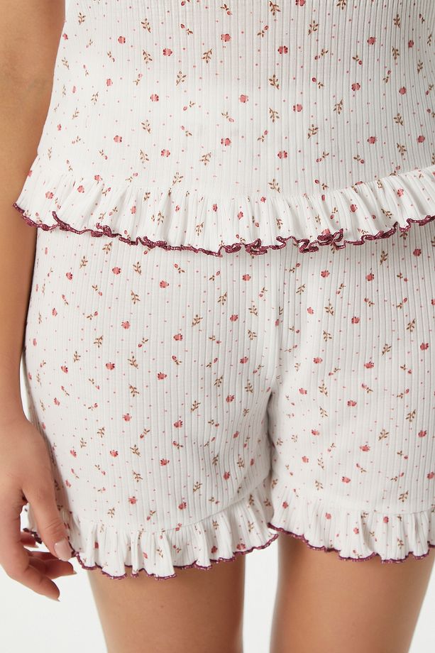 Kadın Paula Pudra Minik Çiçekli Fırfır Şortlu Pijama Takımı - 4