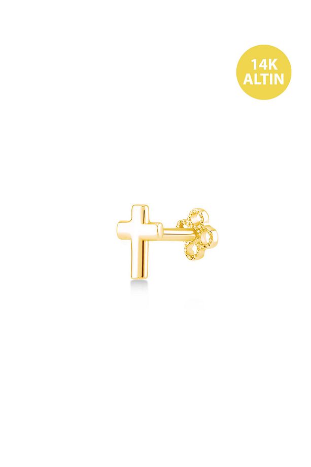 Taşsız Mini Haç, 14KAltın Kıkırdak Küpe/Piercing (TEK Satılır) Bar Uzunluğu:6,5 mm - 1