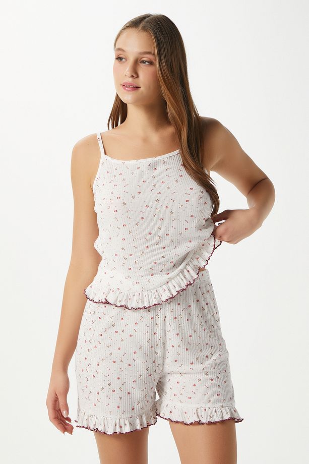 Kadın Paula Pudra Minik Çiçekli Fırfır Şortlu Pijama Takımı - 1