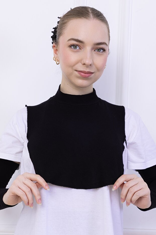 Turtleneck Neck Collar Black - Women's Hijab with Stand Collar Combed Cotton Half Body Viscose Hijab