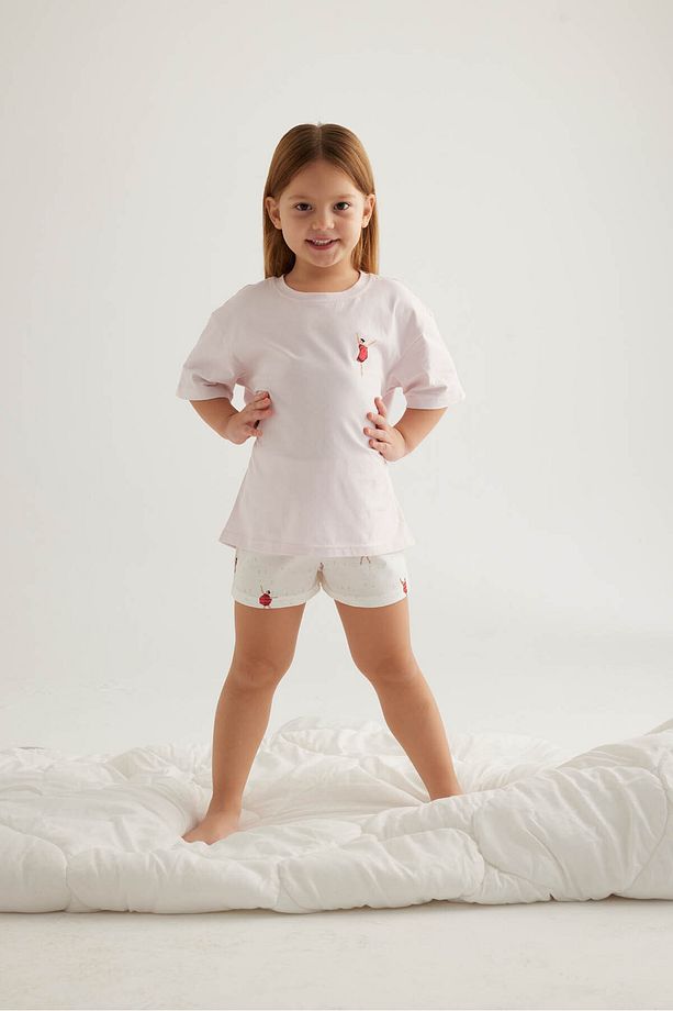 Kız Çocuk Pamuklu Kısa Kollu Şort Pijama Takımı - 2