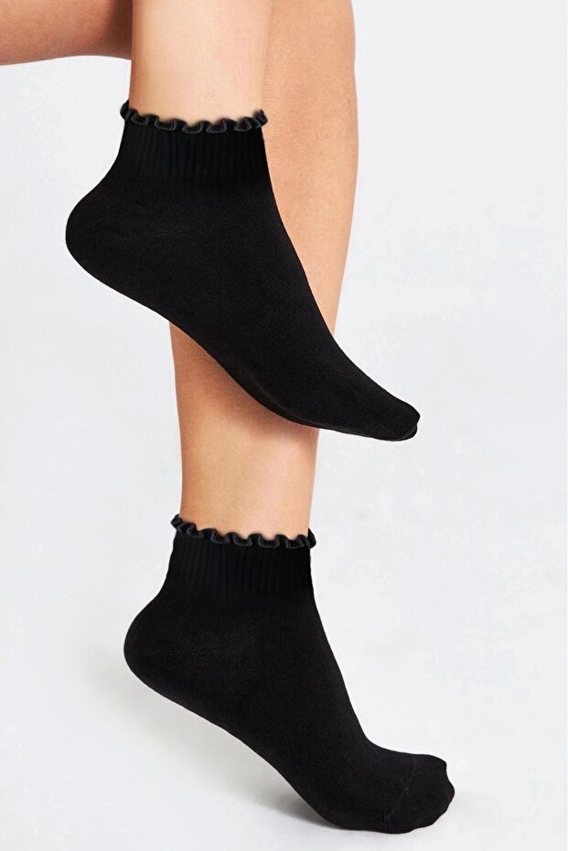 Bamboo Women's Ruffled Booties Elasticless Seamless Black Premium Socks