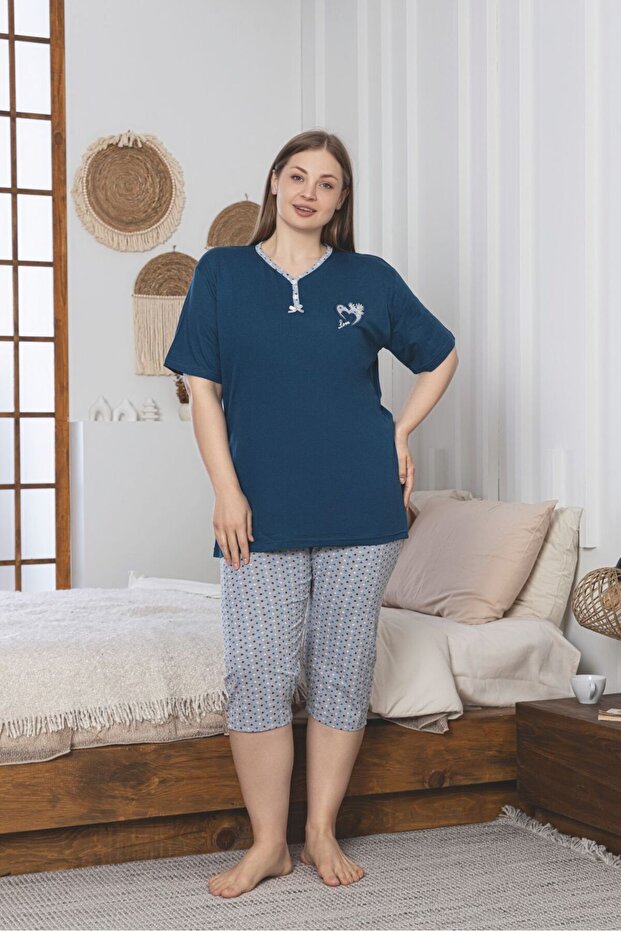 طقم بيجامة كابري من القطن الممشط من الليكرا مقاس كبير - 1