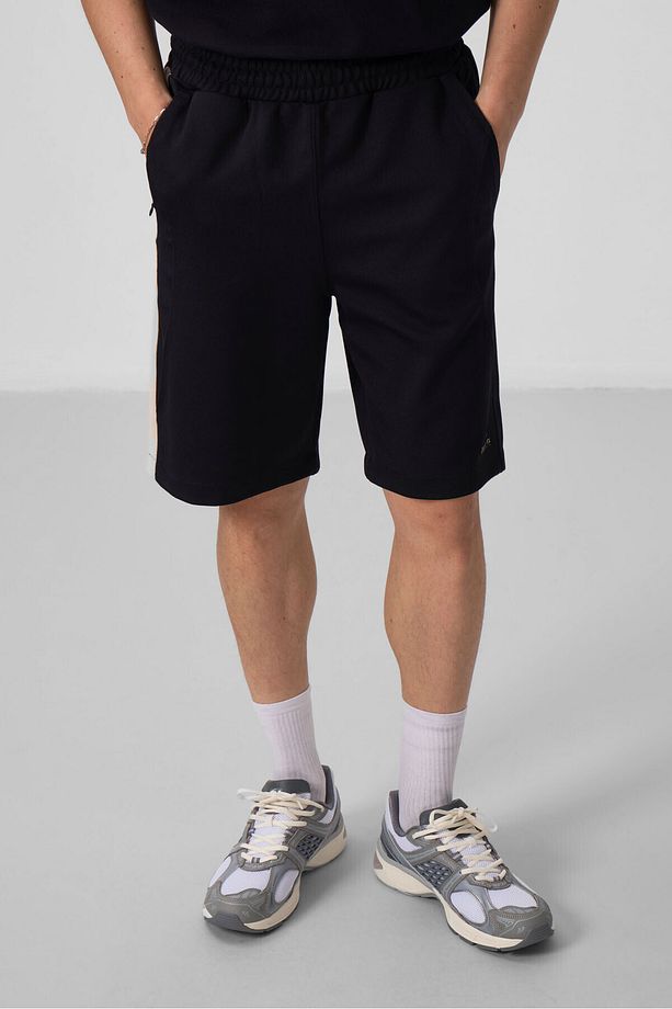 Siyah-Bej Yüzeyi Dokulu Oversize Erkek Şort - 81288 - 2