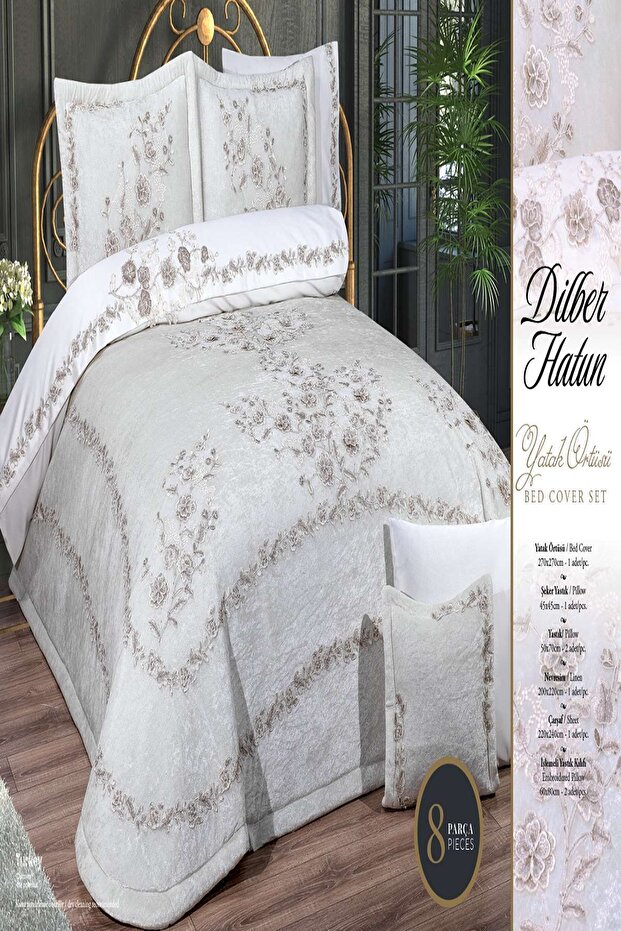 Di̇lber Hatun 8 Pieces Velvet Bed Cover