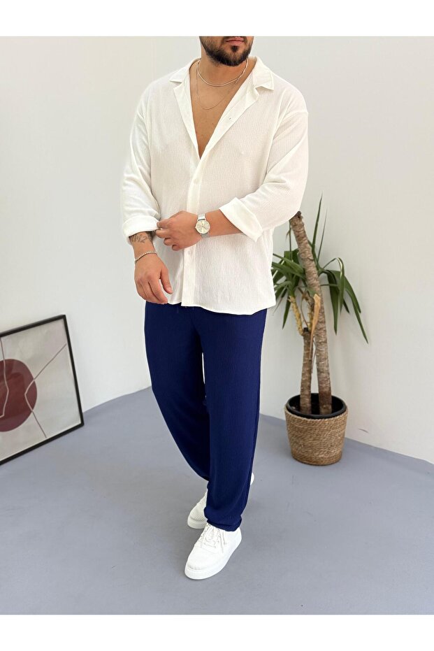 White Navy Blue Men's Summer Crinkle Lycra Fabric Long Sleeve Shirt Tracksuit 2 Piece Wrap Suit