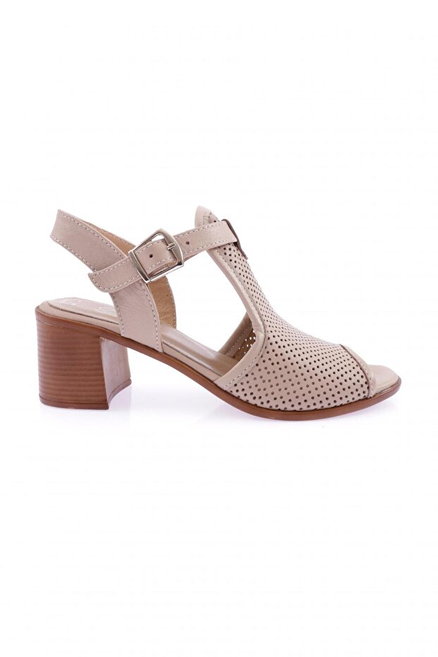 055 Women's Laser Heeled Sandals Genuine Leather Beige