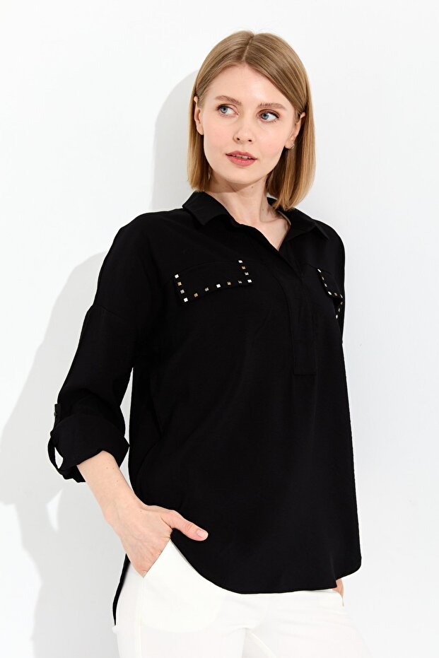 Women's Polo Neck Pocket Blouse Black