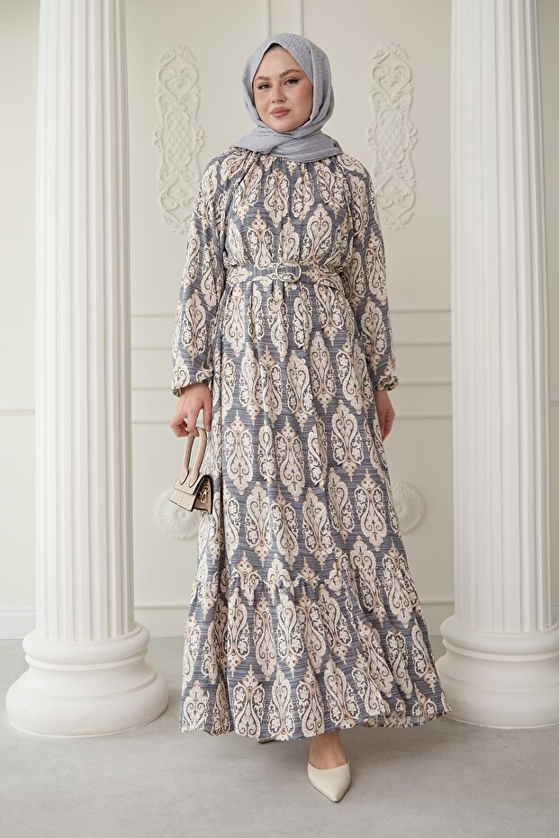 Sequenced Ethnic Pattern Gray Viscose Dress