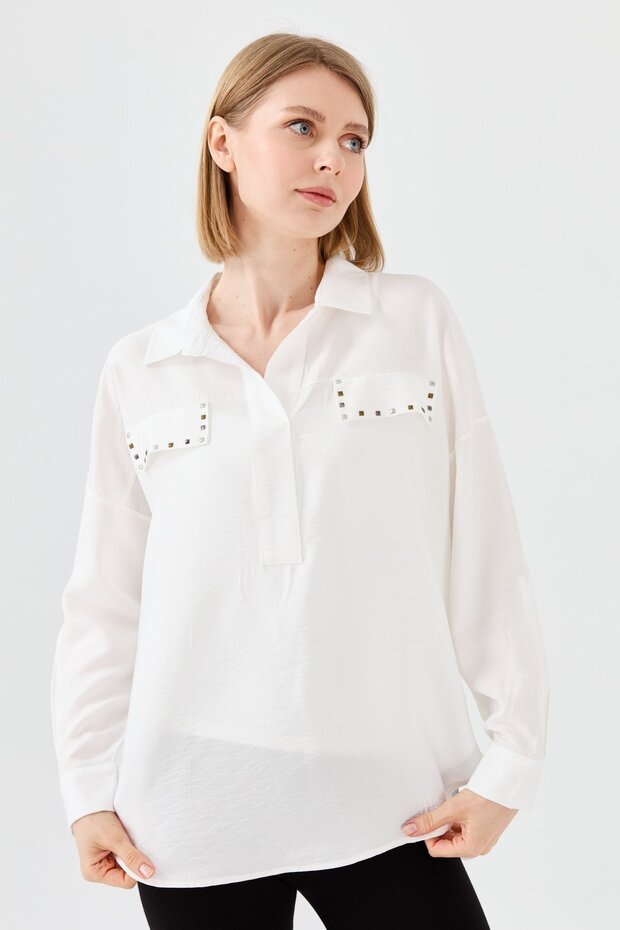 Women's Polo Neck Pocket Blouse Ecru