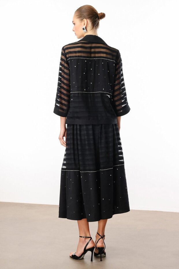 Modailgi İşleme ve Şerit Aksesuarlı Kısa Gömlek Siyah - 7