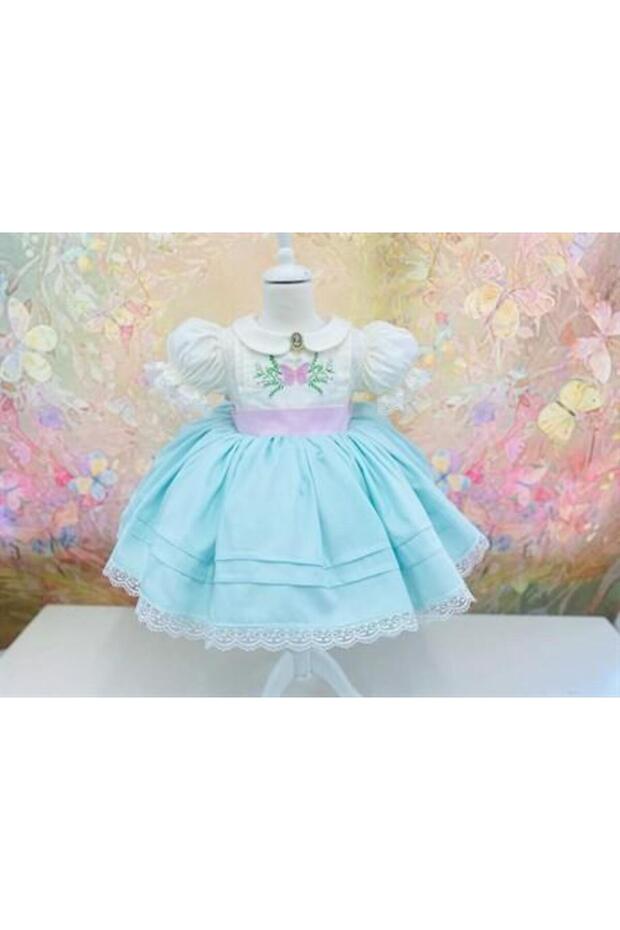 Mint Green Embroidered Dress, Custom-Made Girls' Dress, Birthday Dress, Photo Shoot Dress