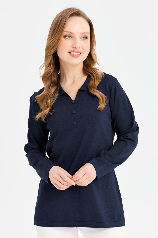 Women's Polo Collar Slim Knitwear Blouse Navy Blue