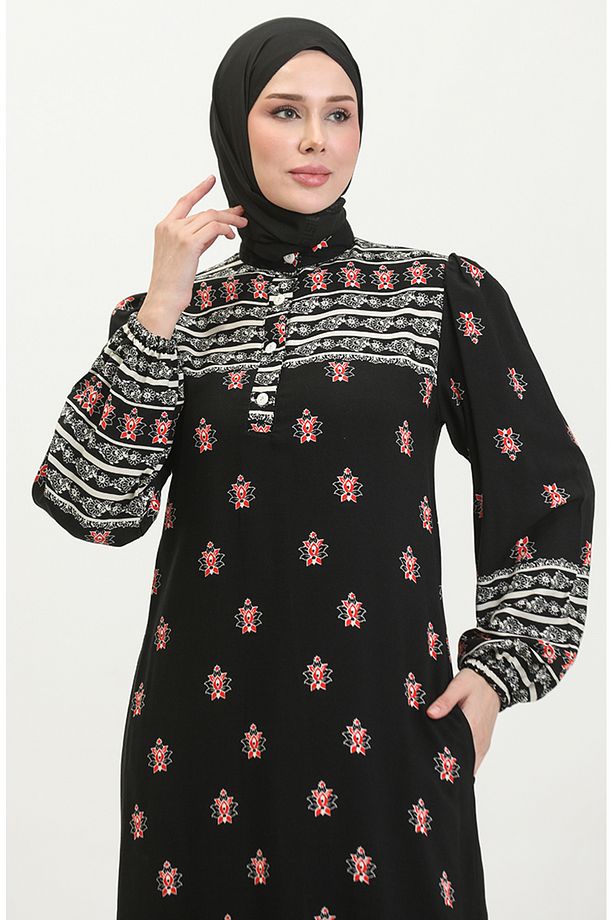 Viskon Desenli Elbise 0397-01 Siyah - 5